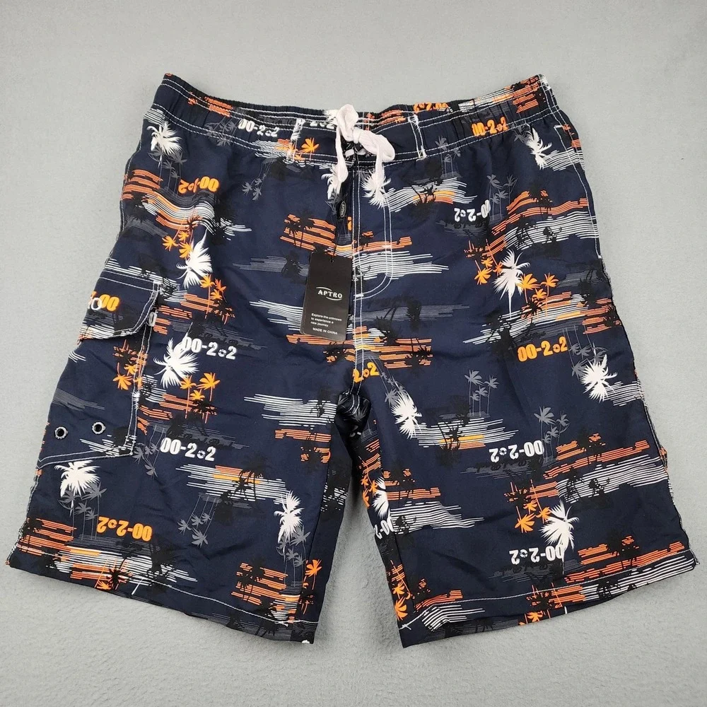 APTRO Swim Shorts Mens XL Blue Palm Print Board Trunks Mesh Lined Drawstring
